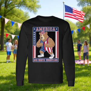 America Bear Wrestling Red White Pride T-shirt à manches longues unisexe à col rond pour adulte, vêtements de sport - Product Image 3