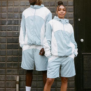 Ensemble de survêtement d'été en nylon avec veste à capuche zippée Logo bicolore personnalisé imprimé Plus Size Solid Pattern Color Block Design - Product Image 1