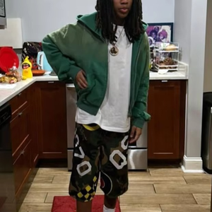 Sudadera con capucha vintage desgastada con efecto descolorido por el sol, estampada y bordada, con bolsillo, corte regular, cremallera, pedrería, lavado ácido verde, de peso pesado, 100% algodón - Product Image 3