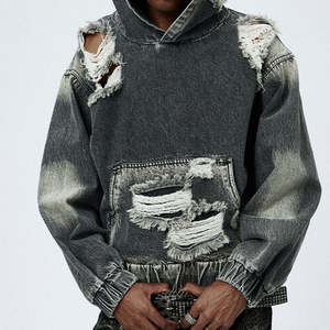 Jersey recortado lavado de algodón pesado de los fabricantes, ropa de calle, Sudadera con capucha desgastada de gran tamaño con hombros caídos para hombre. - Product Image 2