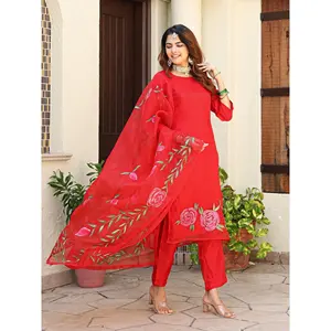 Bhumi Women'<b>s</b> Handpainted Organza <b>Suit</b> Set in Red Sizes XS-5XL Thread & Button - Product Image 3