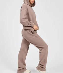 Ensemble de survêtements et survêtements pour femmes-Ensemble de pantalons de survêtement et de sweat à capuche en coton éponge français épais droit et à jambes larges - Product Image 2