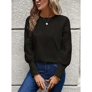 Blusa de Mujer con Cuello Redondo y Mangas Largas con Diseño Floral, 27245 - Negro - Product Image 1