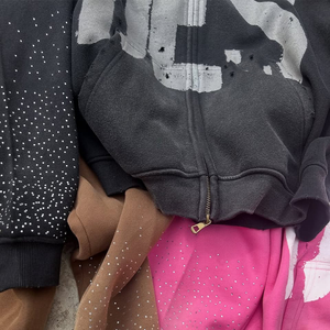 Sudaderas con capucha personalizadas para hombre parche bordado de socorro lavado con ácido sol se desvanece cremallera de peso pesado estampado de diamantes de imitación 100% ropa de calle de algodón - Product Image 6