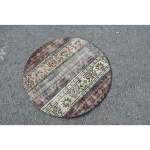 Vintage Turkish Wool <b>Rug</b> 3'1 X 3'1 ft Beige Brown Patchwork Design Latex Faux <b>Rabbit</b> <b>Fur</b> Rectangular Hallway for Room Decor - Product Image 2