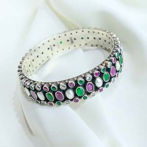 Aasma Cultural Collectible <b>Indian</b> Women's 925 Sterling Silver Multi-Stone Bezel Setting <b>Bangle</b> Semi-Precious Jewelry Everyday - Product Image 1