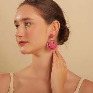 ต่างหูห่วงปาล์มทำด้วยมือสำหรับผู้หญิงเครื่องประดับแบบห้อยสไตล์โบฮีเมียนน้ำหนักเบาวันหยุดพักผ่อนชายหาดในฤดูร้อนดีไซน์แบบฟางทรงรีทรงกลม - Product Image 2