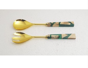 <b>Gold</b> Plated Stainless Steel with Resin Wood Handle Salad Server Set <b>Spoon</b> Fork <b>Serving</b> Tool Tableware Kitchen Utensils Homeware - Product Image 3
