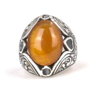 925 Sterling <b>Silver</b> Men's <b>Ring</b> <b>Emerald</b> Cut Diamond Handcrafted Oval Pressed Amber Stone Bezel Setting Rhodium for Everyday Wear - Product Image 4