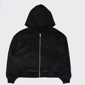 Streetwear personnalisé en détresse Écusson de broderie Hommes Acid Wash Sun Faded 400gsm Heavyweight Zip up Rhinestone Hoodie - Product Image 1