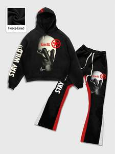 Ensemble de survêtements deux pièces en coton personnalisé unisexe, sweats à capuche à ourlet brut, pantalons de survêtement évasés empilés, impression bouffante 3D, hiver-femmes/hommes - Product Image 2