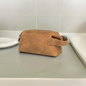 Genuine Leather <b>Toiletry</b> Bag Medium Size Zipper Closure Classic Style Soft Handle Portable Cosmetic Case - Product Image 2