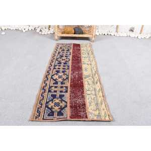 Alfombra Turca Vintage Pequeña de 1.4x3.4 pies, Alfombra Abstracta Azul y Roja - Product Image 1