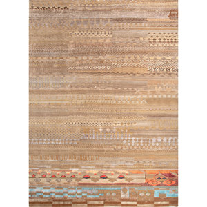 พรมไหมพรมผสมไหมไผ่ถักมือสีเบจและสีน้ำตาลลายเรขาคณิตทรงสี่เหลี่ยมผืนผ้าสำหรับห้องนั่งเล่น รุ่น Manchaha-Les-1941 - Product Image 1