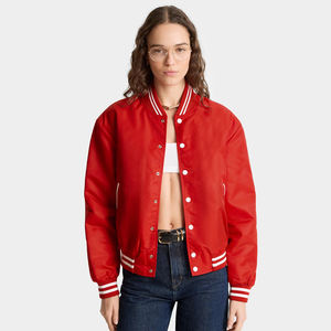 Veste d'hiver Varsity pour femmes, veste bomber Varsity matelassée bicolore en laine, corps beige, manches en cuir, streetwear décontracté - Product Image 5