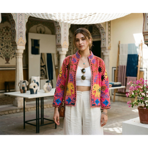 Veste en coton tricoté réversible Gulaabi Elefante, brodée à la main, motif floral Suzani, col montant, style Prairie Chic pour le printemps - Product Image 2