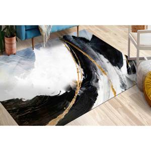 Tapis abstrait noir et or : Tapis moderne à accents marbrés, tapis fin non tissé - Product Image 1