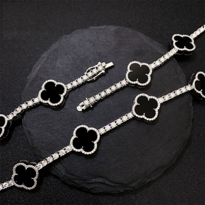 Collar de cadena de tenis de moissanita con diseño de trébol y flor negra, estilo hip hop, con incrustaciones de circonitas, de lujo, llamativo, para hombre, de diseñador - Product Image 3