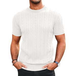 Runcati Hommes Tricot À Manches Courtes T-shirt Pour Hommes Casual Ras Du Cou Slim Fit Chemise Câble Tricoté Stretch Pull T-shirts - Product Image 1
