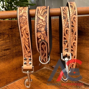 Personalized Pet Accessories Hand Tooled Leather Dog Collars Luxury Genuine Leather Pet Leash Cowhide Dog Training Traffic Lead - Product Image 1