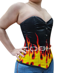 Overbust Steelboned Fire Flame Print Black Satin <b>Corset</b> - Product Image 4