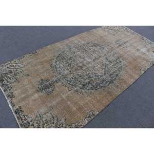 Turkish Rug, 4.4x8.5 ft Area Rug, <b>Brown</b> Bordered <b>Wool</b> Vintage Rug - Product Image 2