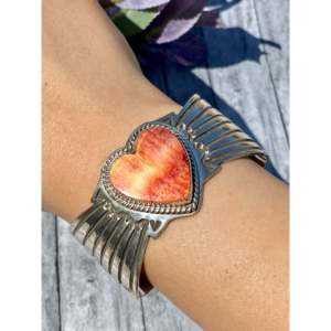 Vintage Nick Bill Spiny Oyster & Sterling <b>Silver</b> Heart-Themed Fashion <b>Cuff</b> <b>Bracelet</b> - Product Image 2