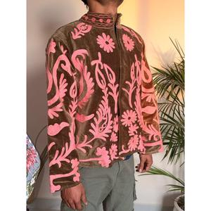 Chaqueta de Terciopelo Marrón con Bordado de Cisne, 100% Algodón, Estilo Urbano, con Capucha, Larga, Disponible en Tallas XS a 6XL, a la Moda - Product Image 4