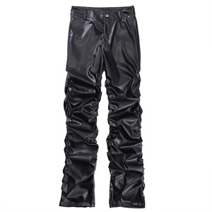 Hip Hop hommes plissé en cuir Pu pantalon Harajuku rétro Streetwear ample froncé pantalon décontracté droit couleur unie noir pantalon - Product Image 5