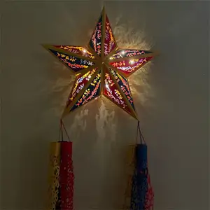 Işıklı noel yıldızı çevre dostu LED kağıt fener Filipino el yapımı kağıt yıldız fener parti süslemeleri için