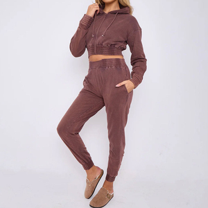 Premium Acid Wash Joggers Set for Women Custom Street Wear Patch Embroidery <b>Cropped</b> <b>Zip</b>-<b>up</b> Hoodie Tracksuits Winter Collection - Product Image 1