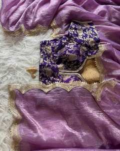 Broderie lourde traditionnelle or tissu écraser Saree frontière travail Bollywood Designer fête porter élégance Sari cousu Blouse - Product Image 4