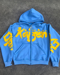 OEM personalizado 450GSM pesado francés Terry 100% algodón Vintage 3D sudaderas con capucha para hombres parche de socorro con cuentas liso teñido invierno - Product Image 4