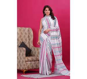 ชุดส่าหรีผ้าฝ้ายสำหรับผู้หญิงชุดปาร์ตี้ผ้าส่าหรีลายพิมพ์ด้วยมือดูสง่างามชุดฤดูร้อนสีสวย - Product Image 2