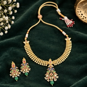 TISHYA DIAMOND Ethnic Gold Plated Alloy Necklace Earrings <b>Set</b> Imitation <b>Pearl</b> Green Beads Brilliant Cut Moissanite Women <b>Jewelry</b> - Product Image 3