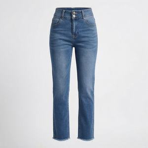 Street Fashion <b>Women's</b> High Waisted <b>Stretchy</b> Raw Hem Straight Leg Ankle Denim Casual Wear <b>Jeans</b> Ladies Trousers Washable - Product Image 1