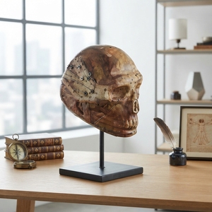 Handcrafted <b>wooden</b> human skull stand sculpture <b>rustic</b> teak carved gothic statue metal base table accent decor setup display unit - Product Image 5
