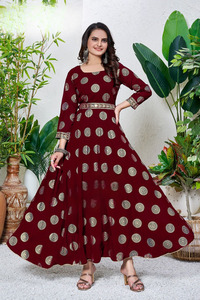 Vente en gros de vêtements indiens pakistanais feuille d'or impression fausse georgette broderie séquence travail Kurtis attaché doublure en coton en ligne - Product Image 4