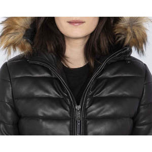 Women Quilted Sheep Leather Puffer Jacket Faux Fur Hood Winter Bomber Style <b>Coat</b> Cotton Filled Silk <b>Lined</b> Embroidered Detailing - Product Image 3