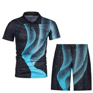 Personnalisé été couleur unie hommes chemise revers short à manches courtes sport décontracté été hommes deux pièces ensemble - Product Image 3