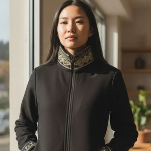 Veste d'hiver en laine mélangée noire avec col brodé de perles, écologique, fabriquée par Champ King au Pakistan - Product Image 1