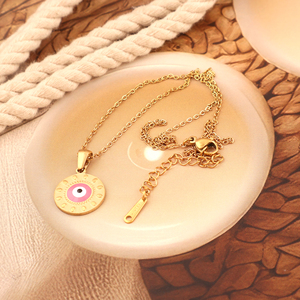 Collar con colgante de forma redonda de esmalte rosa, collar con colgante de declaración delicada de diseñador con cuentas para uso diario de mujeres - Product Image 4