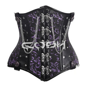 Corset sous-poitrine en brocart noir et violet avec chaînes et baleines en acier, vente en gros - Product Image 1