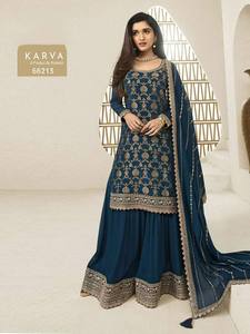 "Prêt-à-porter en fleurs Chinon Gharara avec broderie, palazzo entièrement cousu, intérieur en crêpe, et élégant Dupatta" - Product Image 6