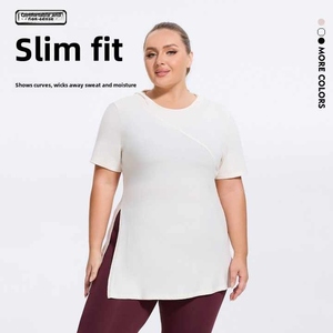 Women's Plus Size Lightweight Yoga Fitness Sports Top Summer Slim Fit Hooded T-<b>Shirt</b> <b>Collarless</b> Breathable Side Slit Print Short - Product Image 5