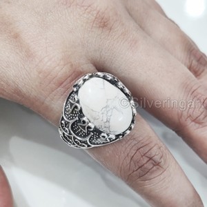 Nouvelle Arrivée Bague pour Homme en Argent Sterling 925 avec Pierre Naturelle Howlite, Toutes Tailles, Style Ottoman, Cadeau Anniversaire, Bijoux - Product Image 5