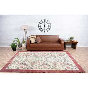 Vintage Turkish Rug, 5.7x8.9 ft Large Rug, <b>Red</b> White Abstract <b>Wool</b> Rug - Product Image 1