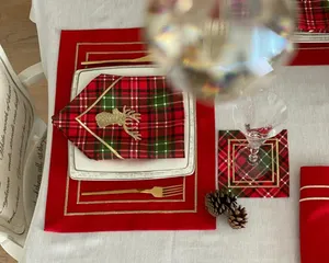 Christmas <strong>Tartan</strong> Plaid <strong>Napkins</strong> with Deer Happy New Year Tree Factory Custom Cotton Embroidered Red Placemats <strong>Napkins</strong> and Runner - Product Image 3