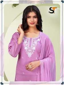 Excelente calidad diseñador Venta caliente exclusiva seda romana pesada con bordado trabajo Kurti pantalón Dupatta exportación mundial - Product Image 5