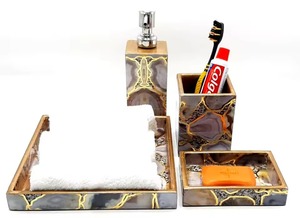 Juego de baño de diseño único negro de lujo con acabado brillante de resina para encimera de tocador de baño doméstico y uso decorativo de La India - Product Image 2